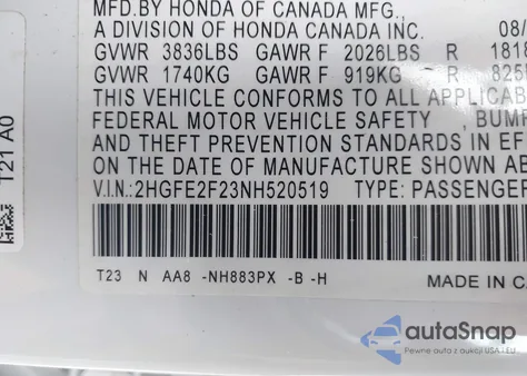 2022 Honda Civic из США, поврежденный, VIN 2HGSE2F23NH520519